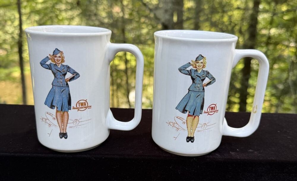 2 Rare Vintage TWA FLIGHT ATTENDANT COFFEE CUP - MUGS
